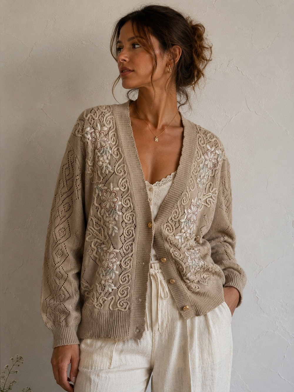 Vintage Embroidered Floral Lace Knit Cardigan Sweater Cottagecore Romantic